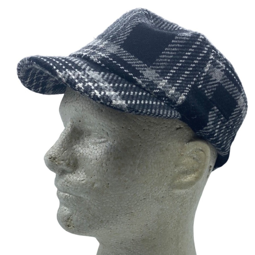 New York & Company Plaid Wool Blend Newsboy Cap Women S/M Side Buckles Black
